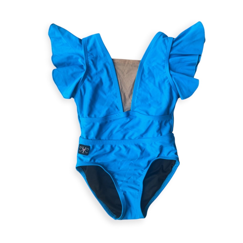 Kandi Kouture Girls Blue Flutter Ruffle Sleeve Leotard Size CM 5/6